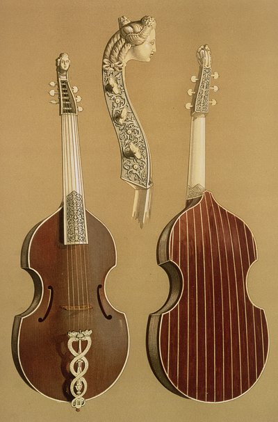 Viola da Gamba lub viola basowa Joachima Tielke (1641-1719) Hamburg, 1701 z „Instrumenty muzyczne” (kolorowa lito) autorstwa Alfred James Hipkins