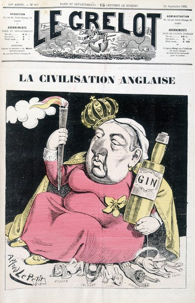 Cywilizacja angielska: Wiktoria z butelką ginu w ręku, siedząca w Egipcie, Irlandii, Indiach, Afryce i Chinach - autorstwa Alfreda Le Petitty, w „Le Grelot” z 24.09.1882 r. autorstwa Alfred Le Petit