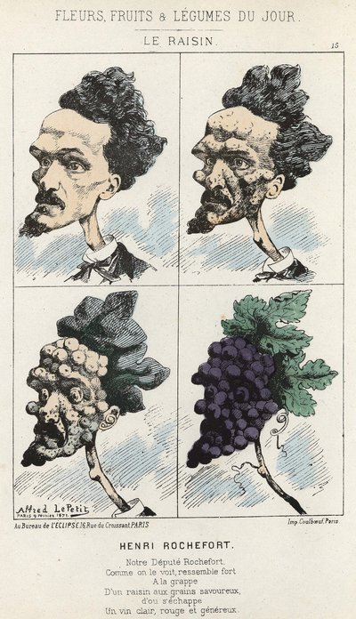 Le Raisin: Karykatura o Henri Rochefort - ch. z 09.02.1871 w „Kwiaty, Owoce i Warzywa Dnia” autorstwa Alfred Le Petit