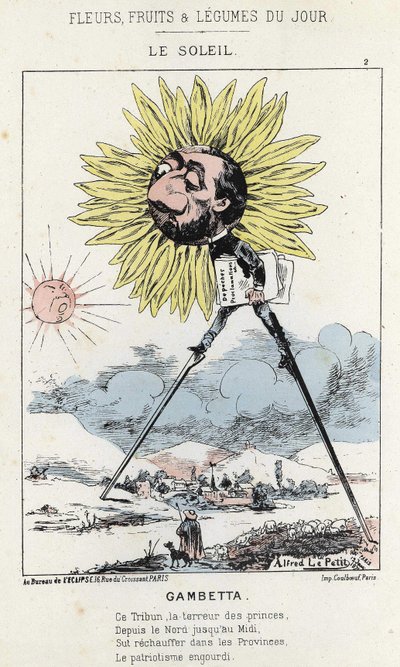 Le Soleil (słonecznik): karykatura na Gambetta (1838 - 1882) - il. z 12.01.1871 w „Kwiaty, owoce i warzywa dnia” autorstwa Alfred Le Petit