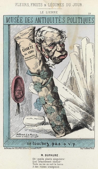 Bluszcz: Karykatura Julesa Armanda (Jules-Armand) Dufaure (1798-1881) w bluszczu otaczająca rolkę papieru z napisem „Karta z 1830 r.” i pieczęć z głową króla Ludwika Filipa 1. - chory. z 04.03.1871 w ” Kwiaty, Owoce i Warzywa autorstwa Alfred Le Petit