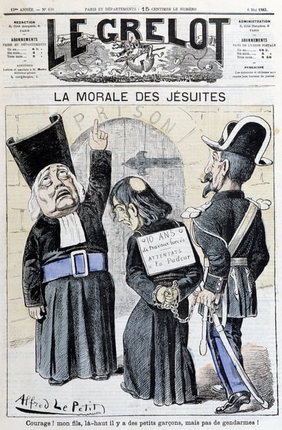 Morał jezuitów „Zachęcaj! Synku, na górze są mali chłopcy, ale żandarmi!” , maj 1883 (grawerowanie) autorstwa Alfred Le Petit