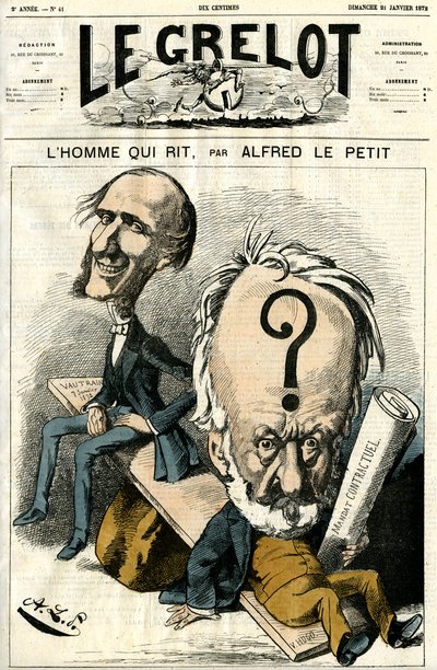 Victor Hugo i Człowiek, który się śmieje. Karykatura autorstwa Alfred Le Petit
