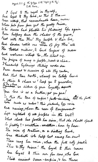 Oryginalny rękopis Epilogu do "Sielanek królewskich", adresowany do królowej Wiktorii, 1872 r. autorstwa Alfred Lord Tennyson