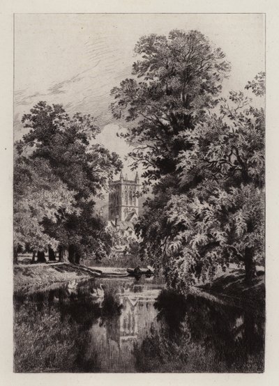 Cambridge: Cam w pobliżu Trinity College, z wieżą kaplicy św. Jana (akwaforta) autorstwa Alfred Louis Brunet Debaines