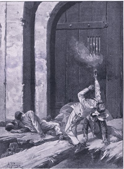 Delhi: Porucznik Salkeld, inżynierowie bengalscy wysadzający w powietrze Bramę Kaszmiru, ilustracja z brytyjskich bitew lądowych i morskich, 1915 autorstwa Alfred Pearse