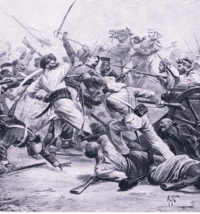 Klęska Nicholsona nad buntownikami pod Nadżafgarh, 2 sierpnia 1857, ilustracja z brytyjskich bitew na lądzie i morzu, 1915 autorstwa Alfred Pearse