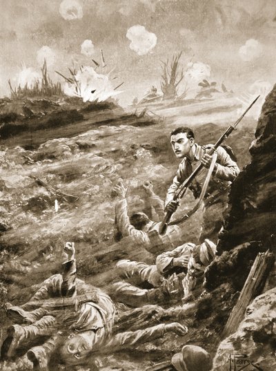 Szeregowy E. Warner trzymający w pojedynkę rów, który został ewakuowany po ataku gazowym autorstwa Alfred Pearse