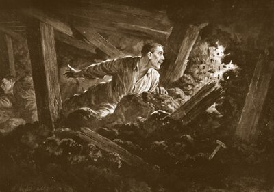 Saper W. Hackett odmawia opuszczenia towarzysza, który leży ciężko ranny w chodniku górniczym. autorstwa Alfred Pearse