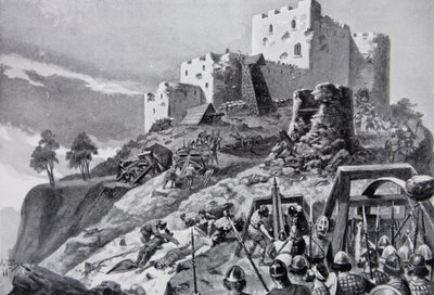 Walijski atak na zamek Montgomery w 1095 prowadzony przez Cadwgana ap Bleddyna, księcia Powys, ilustracja z „Hutchinson
