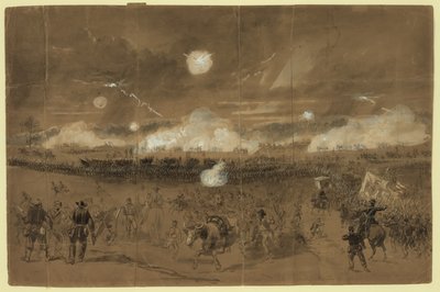 Korpus Coucha formuje linię walki na polach w Chancellorsville, aby osłaniać odwrót jedenastego korpusu haniebnie uciekającego Streszczenie/średnie autorstwa Alfred R. Waud