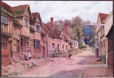 Domy dawniej zajmowane przez tkaczy, Kersey, Suffolk, z książki The Cottages and the Village Life of Rural England wydanej przez Dent & Sons Limited autorstwa Alfred Robert Quinton