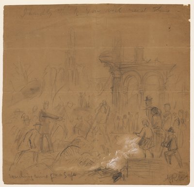 W poszukiwaniu ruin w poszukiwaniu sejfu po pożarze Chicago w 1871 r. (ołówek i kreda na papierze) autorstwa Alfred Rudolph Waud