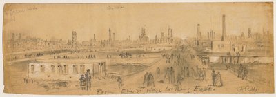 Widok z mostu Erie Street na wschód podczas pożaru Chicago w 1871 r. autorstwa Alfred Rudolph Waud