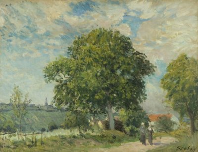 Wejście do wsi, ok.1880 (olej na płótnie) autorstwa Alfred Sisley
