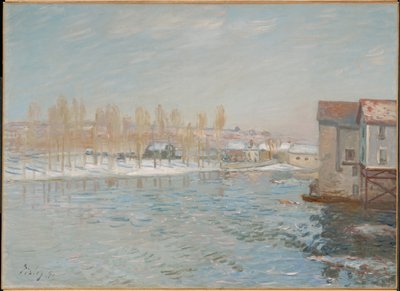 Loing i młyny w Moret, efekt śniegu autorstwa Alfred Sisley