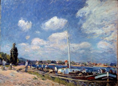 Rozładunek barek w Billancourt. Obraz Alfreda Sisleya (1839 - 1899) autorstwa Alfred Sisley