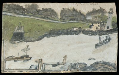 Scena portowa z zamkiem i latarnią morską (ołówek i olej na karcie) autorstwa Alfred Wallis