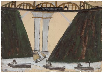 Saltash Bridge, ok. 1930 r. 1930 (ołówek i olej na kartonie) autorstwa Alfred Wallis