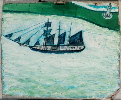 Statek i latarnia morska, ok. 1925 (olej na pokładzie) autorstwa Alfred Wallis