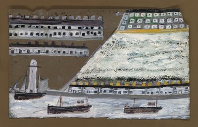 Statki i latarnia morska, domy (ołówek i olej na papierze) autorstwa Alfred Wallis