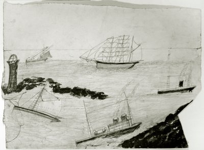 Trzy żaglowce, dwa parowce i latarnia morska Godrevy, ok. 1935-38 (olej i ołówek na karcie) autorstwa Alfred Wallis