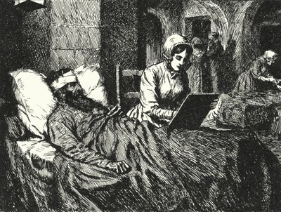 Angielska pielęgniarka Florence Nightingale pisze list do żołnierza rannego w wojnie krymskiej w szpitalu Scutari, 1855 autorstwa Alfred Wallis Mills