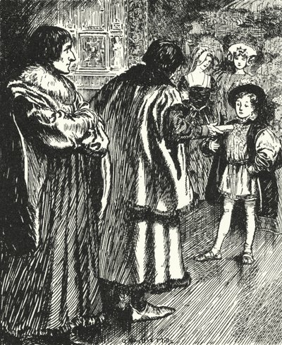 Erasmus ogląda sir Tomasz More prezentujący wiersz, który napisał do młodego księcia Henryka, przyszłego króla Henryka VIII autorstwa Alfred Wallis Mills