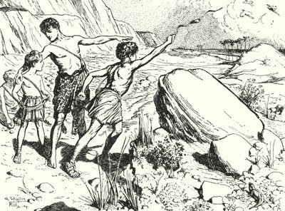 Hannibal i jego bracia uczą się rzucać kamieniami z procy autorstwa Alfred Wallis Mills