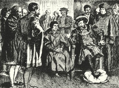 Sir Thomas More na dworze Henryka VIII, opierając się królom, próbują zmusić go do powiedzenia czegoś, co go rozbawi autorstwa Alfred Wallis Mills