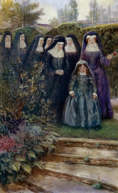 Młoda Marie-Angelique Arnauld spacerująca po klasztornym ogrodzie ze swoimi zakonnicami autorstwa Alfred Wallis Mills