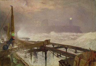 Blue Lights, Teignmouth Pier - Zapalanie lamp o zachodzie słońca, 1868 (toaleta, kolor nadwozia i wydrapywanie na papierze) autorstwa Alfred William Hunt