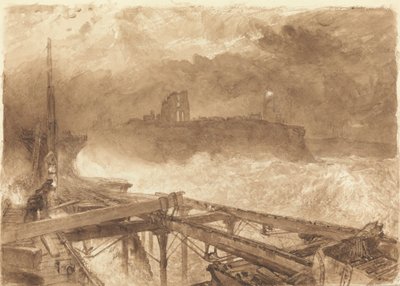 Studium dla molo w Tynemouth — zapalanie lamp o zachodzie słońca autorstwa Alfred William Hunt