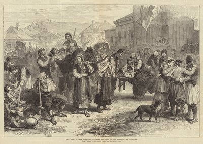 Wojna, kobiety niosące rannych żołnierzy do szpitala w Ivanitza autorstwa Alfred William Hunt