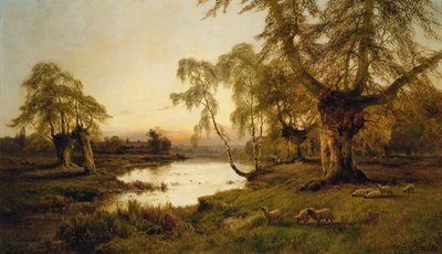 Owce pasące się nad jeziorem o zachodzie słońca (olej na płótnie) autorstwa Alfred de Breanski