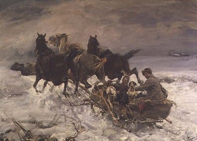 Figurki w saniach zaprzężonych w konie autorstwa Alfred von Wierusz Kowalski