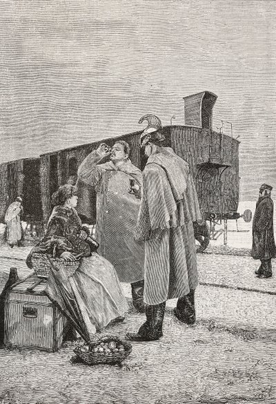 Five Minutes Stop, dwóch mężczyzn stojących na stacji kolejowej, pijących i jedzących, rycina z obrazu Alfredo Luxoro (1859-1918), z L