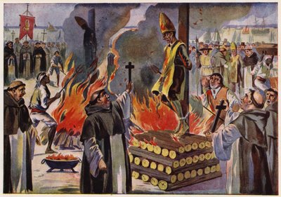 Egzekucja przez spalenie w czasach portugalskiej inkwizycji (kolorowa litografia) autorstwa Alfredo Roque Gameiro