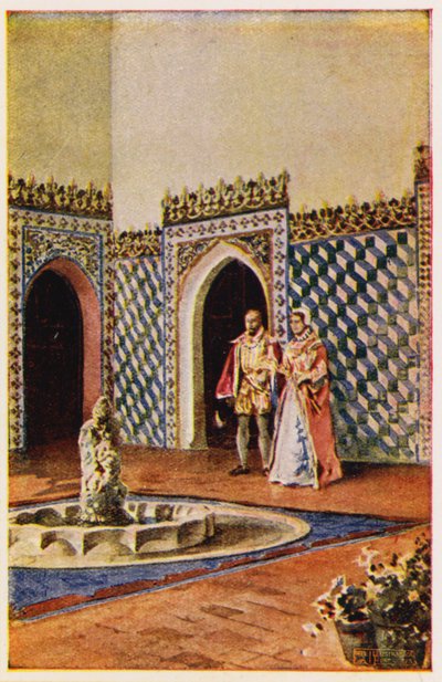 Architektura mauretańska w pałacu w Sintrze, Portugalia (kolorowa litografia) autorstwa Alfredo Roque Gameiro