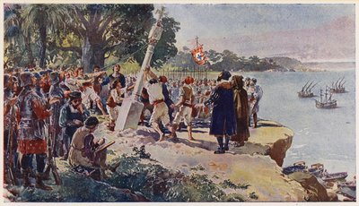 Portugalczycy wznoszący kamienny filar u ujścia rzeki Kongo autorstwa Alfredo Roque Gameiro