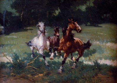Biegnące konie, obraz Alfredo Tominza (1854-1936), olej na tekturze, 67x48 cm, Włochy autorstwa Alfredo Tominz