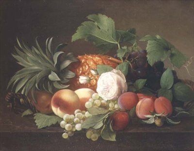 Martwa natura z ananasem, brzoskwiniami, śliwkami i winogronami autorstwa Alfrida Vilhelmine Ludovica Baadsgaard