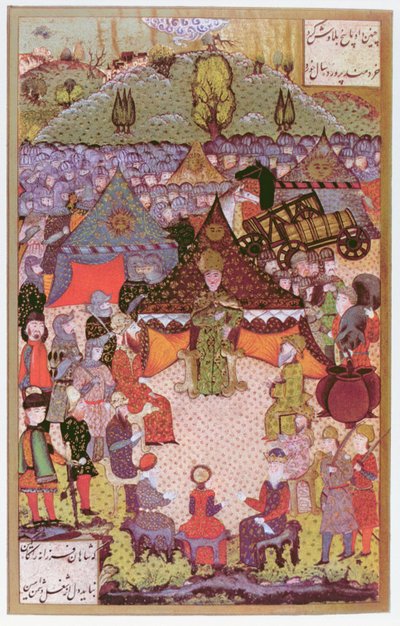 Król Węgier Lajos II (1506-26) na naradzie przed bitwą pod Mohacs w 1526 r., 1558 (tusz i złocony druk na pergaminie) autorstwa Ali Amir Beg