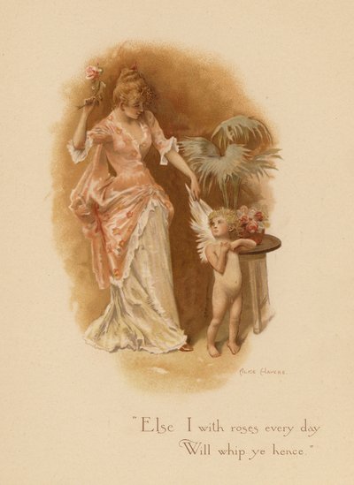 Stare piosenki miłosne: "W przeciwnym razie ja z różami każdego dnia / Będę was biczować stąd". (kolorowa litografia) autorstwa Alice Havers