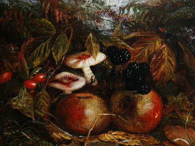 Martwa natura z grzybami, jabłkami i jeżynami autorstwa Alice M Wilson