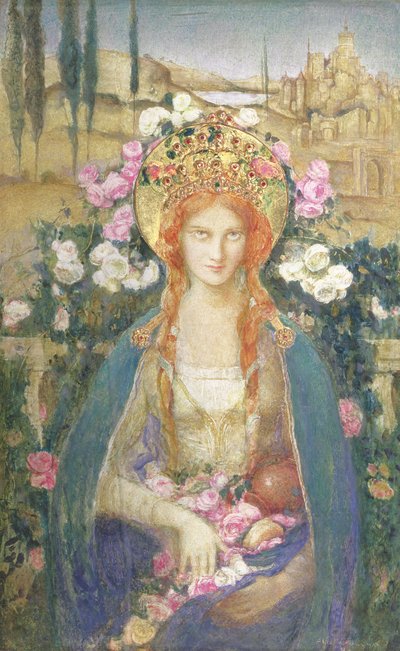 Św. Elżbieta Węgierska, 1916 (tempera na papierze ułożona na desce ze złotą wstawką z kamieniami półszlachetnymi na reliefie diademu) autorstwa Alice Macallan Swan