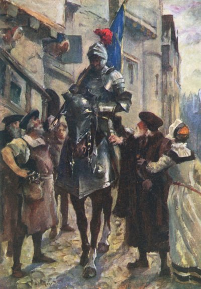 Posłaniec z Flodden przynoszący złe wieści do Edynburga (kolor lito) autorstwa Allan (after) Stewart