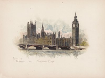 Znany Londyn: Houses of Parliament i Westminster Bridge (kolorowa litografia) autorstwa Allan F. Barraud