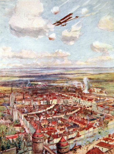 Porucznik Rhodes-Moorhouse leci nad Courtrai, aby zbombardować linię kolejową (kolor lito) autorstwa Allan Stewart