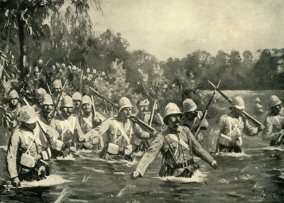 „Bitwa nad rzeką Modder – górale z Argyll i Sutherland przekraczają dryf”, 1900. autorstwa Allan Stewart